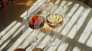 Two wine glasses, one red and one white, sit on a table