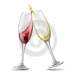 Two wine glasses with red and white wine in celebratory toast