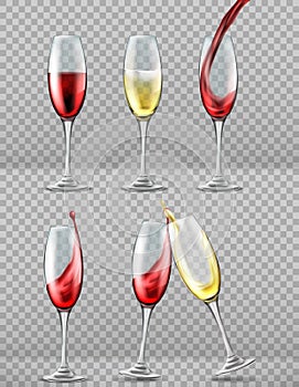 Two wine glasses with red and white wine in celebratory toast