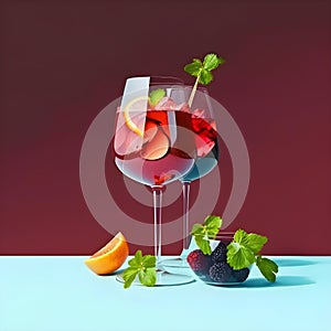 Two wine glasses with red wine spanish traditional fruity sangria gourmet cocktail drink on trendy colorful background, copy space