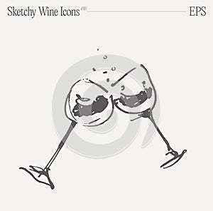 A two wine glasses with splash drinks. Hand drawn vector illustration, sketch of an icon.