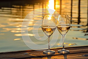 two wine glasses on wooden pier, sunset reflecting in water