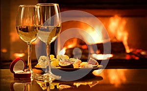 Two wine wineglasses with the red box with engagement ring over fireplace background.
