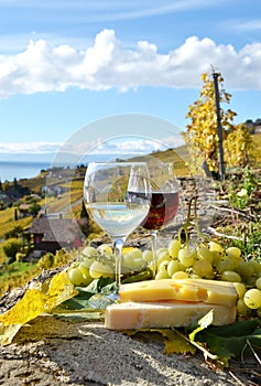 Two wineglasses, cheese and grapes