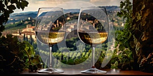 Two wineglasses filled with white wine. Vineyards and Italian village on the hills at backdrop in blur. Generative AI