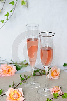 Two wineglasses with rosÃ¨ wine