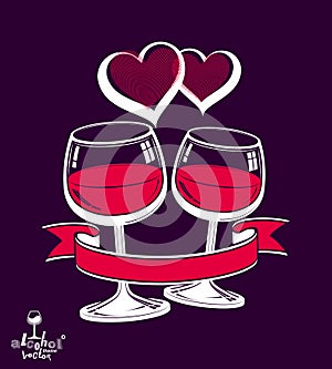 Two wineglasses vector artistic illustration, wedding couple