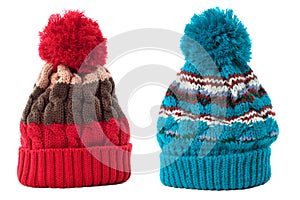 Two winter bobble knit ski hat isolated white