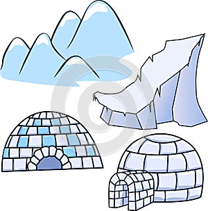 Two winter igloo houses, ice floe and snowing mountains