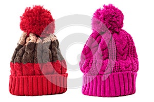 Two winter knit ski hat isolated white background