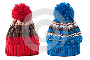 Two winter knit ski hat isolated white background