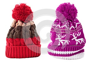 Two winter knit ski hat isolated white red pink