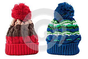 Two winter knit ski hat red blue isolated white