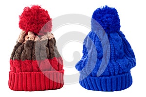 Two winter knit ski hat red blue isolated white