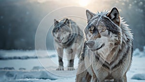 Two wolfs in the winter forest. Canis lupus