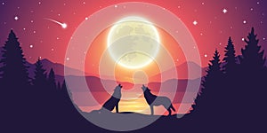 Two wolves by the lake howling to the full moon in starry sky