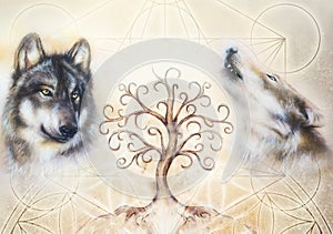 Two wolves and tree of life symbol with sacred geometry pattern on the background.