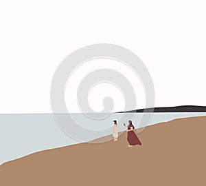 Two woman in beautiful dress take photo on the beach. Girlfriends making photo on the coast of tropical sea.