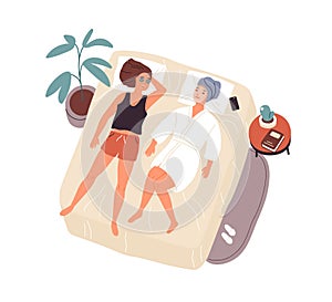 Two woman best friends lying on bed with mask on face and talking vector flat illustration. Happy female relaxing after