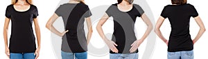 Two woman in black t-shirt : cropped image front and rear view, t-shirt set, mockup tshirt blank