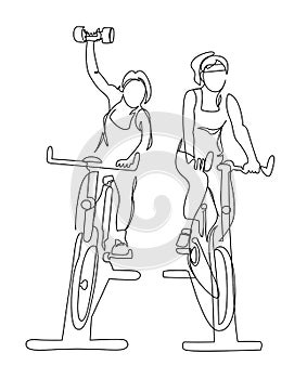 Two woman at cycling class exercise bike spinning fitness continuous line vector illustration