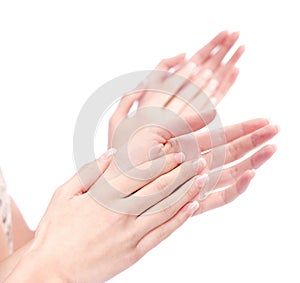 Two woman hands applauding, isolated on white