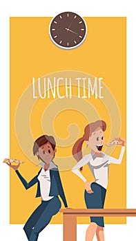 Two Woman Have Pizza for Lunch at Office Banner