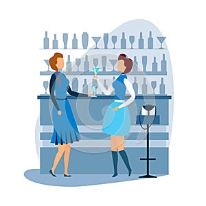 Two Woman Having Rest at Cocktail Bar Cartoon