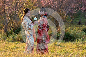 Two Woman in kimono traditional japanese dress