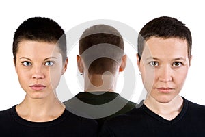 Two woman's faces and man's nape