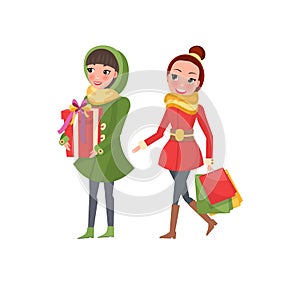 Two Woman Shopaholics Presents Gift Boxes. Females