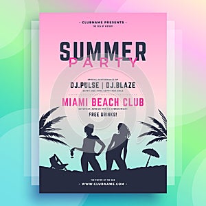 Two woman silhouette tropical cocktail at summer party disco promo poster template design vector