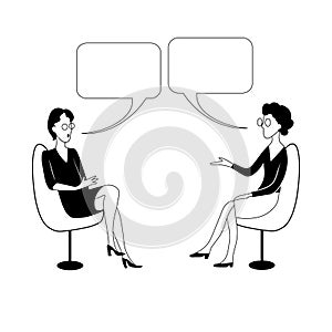 Two women sit on chairs and talk with bubbles. Black and white vector illustration.