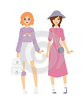 Two woman in sunglasses showing girl having fun style casual outfit concept lifestyle urban fashion trendy looks vector