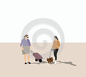 Two woman walking and talking on the street with dog and shopping bags during holiday