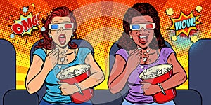 Two women with 3D glasses react differently to the movie. laughs