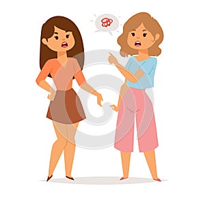 Two women arguing with one showing a prohibitive gesture and the other angry. Communication breakdown, misunderstanding