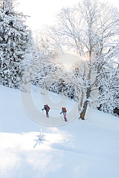 Two women with backpacks walk in snowshoes in the snow