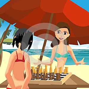 Two women in a bikini playing chess sitting on the beach