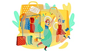 Two women celebrate sales with joy, surrounded by bags, clothes, and accessories. Shoppers express happiness during a