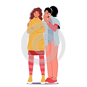 Two Women Characters Huddled Close, Whispering Secrets To Each Other, Share Gossip Or Confidential Conversation