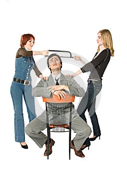 Two women dividing a man