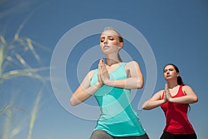 Two women doing yoga outdoors photo yoga shows poses