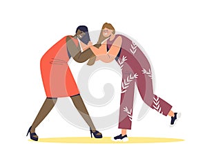 Two women fighting and pulling hair. Angry cartoon females aggressive arguing