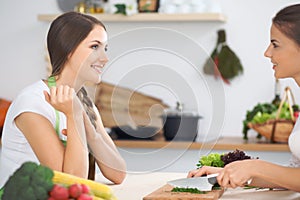 Two women friends cooking in kitchen while having a pleasure talk. Friendship and Chef Cook concept