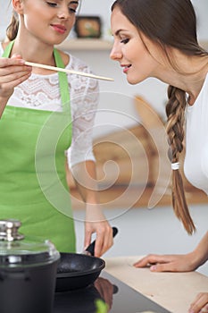 Two women friends cooking in kitchen while having a pleasure talk. Friendship and Chef Cook concept