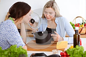 Two women friends looking into the dark pot with a ready meal and taste new recipes while sitting at the kitchen table