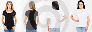 Two women,girls with blank t-shirt isolated, collage caucasian and asian woman in tshirt, blak and white t shirt