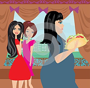 Two women gossip about their fat friend