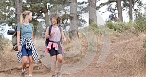 Two women are hiking on a dirt trail surrounded by trees and shrubbery with copy space